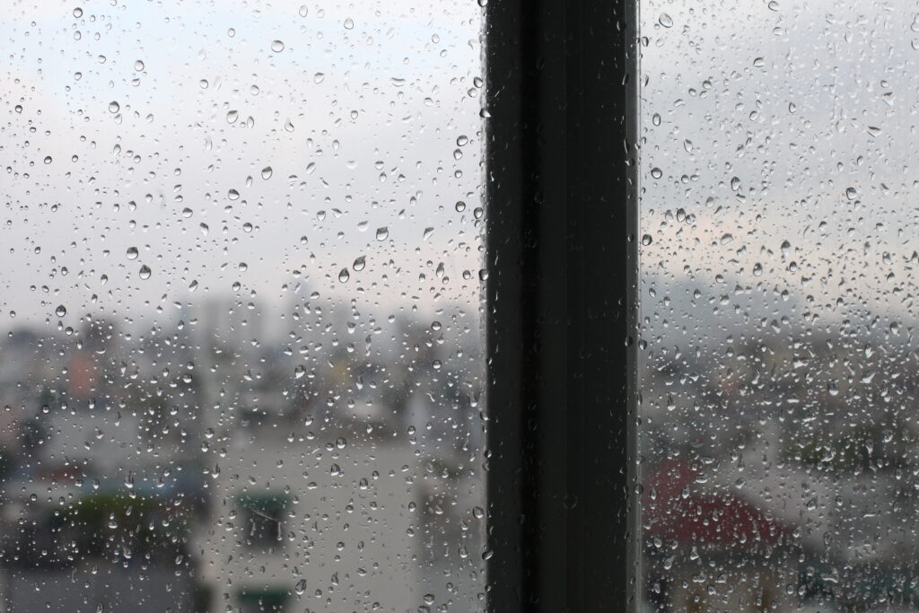 Rain on a window representing Austin's year-round humidity and mold exposure