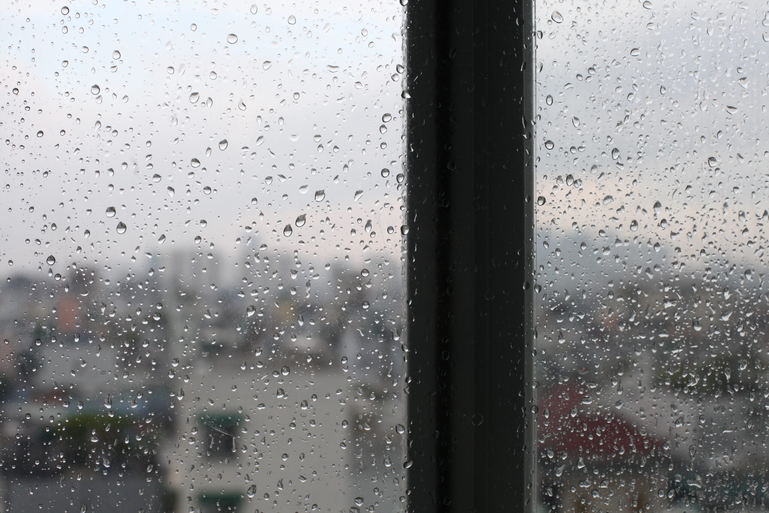 Rain on a window representing Austin's year-round humidity and mold exposure